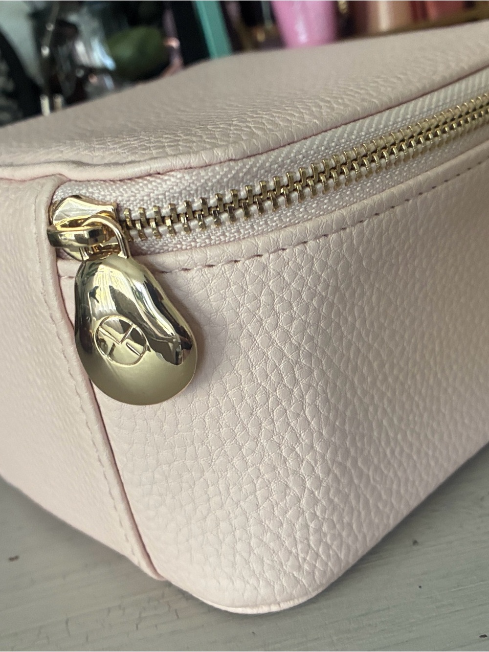 Pebbled Cosmetic Pouch in Pale Pink with Gold Hardware